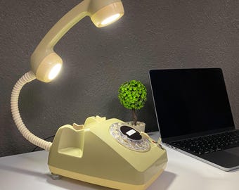 Upcycled Rotary Phone Lamp: Vintage Beige Desk Light, Retro Office Decor