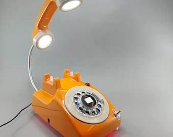 Vintage Rotary Phone Lamp, Orange Desk Light, Retro Telephone Table Lamp, Pop Art Decor