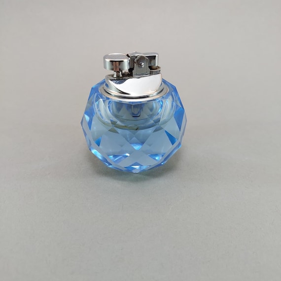 1970s Blue Crystal Table Lighter, Mid Century Home Decor