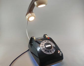 Restored 1970s Black Rotary Telephone Lamp, Double LED Desk Light, Mid-Century Decor