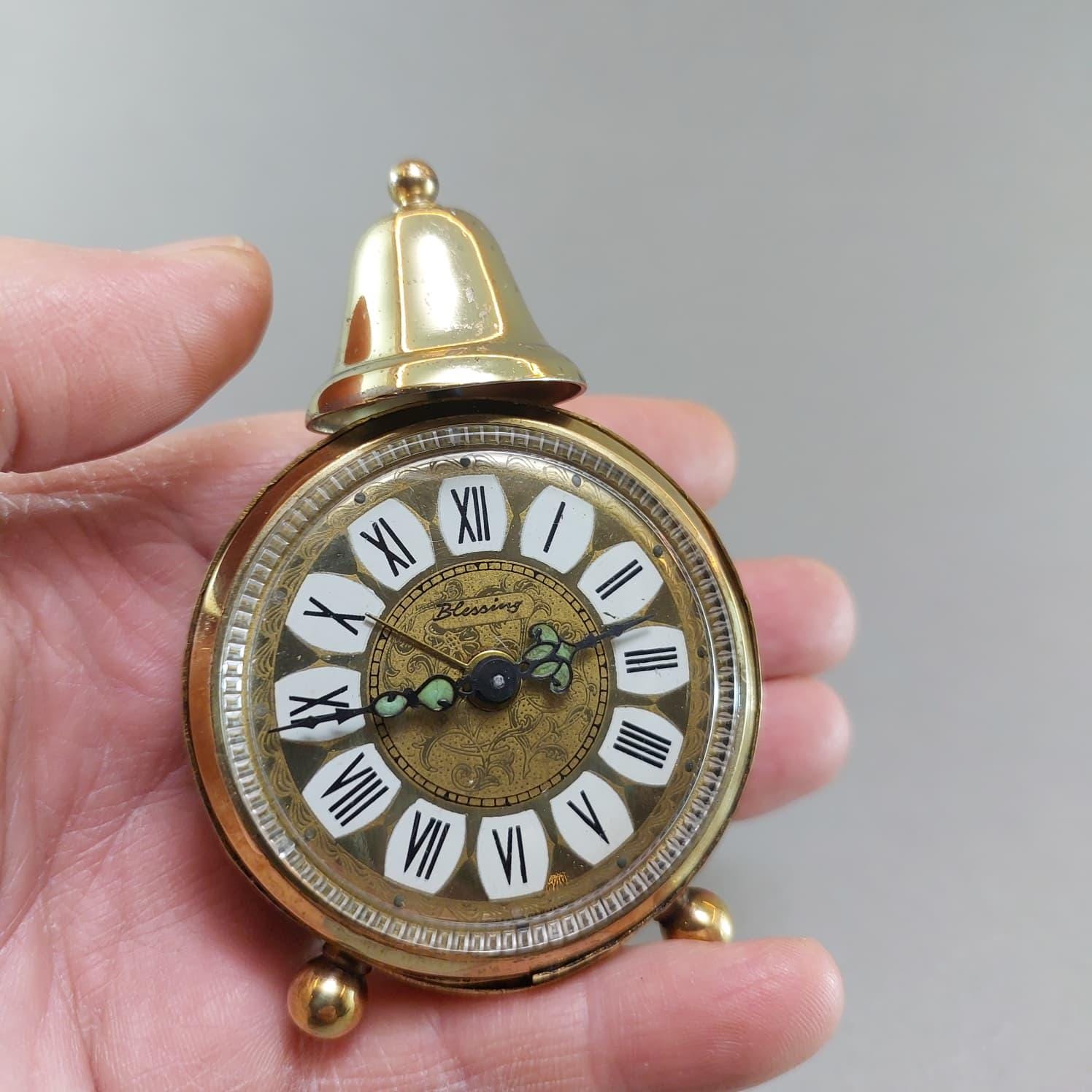 Vintage German Blessing Alarm Clock, Mini Brass Desk Clock