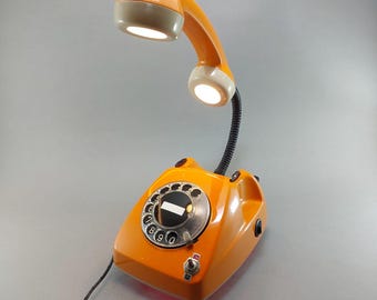 Restored Rotary Telephone Lamp, Orange Vintage Desk Light, Upcycled Pop Art Decor (12V Adapter)