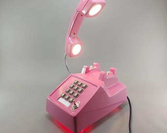 Restored Vintage Pink Push Button Telephone Lamp, Retro LED Desk Light (1980s)