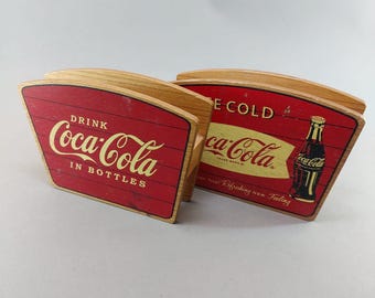 Vintage Coca Cola Serviettenhalter-Set aus Holz, Retro Küchendekor, Mid Century Sammlerstück