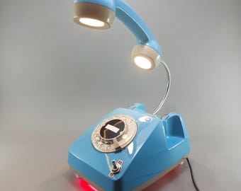 Restored 1970s Blue Rotary Telephone Lamp, Double LED Desk Light, Space Age Decor