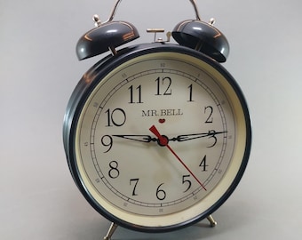 Grande sveglia vintage Mr. Bell a doppia campana, stile retrò in metallo nero, a carica meccanica.