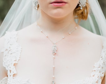 Pearl Wedding Necklace | Crystal Necklace | Y-Necklace | Bridal Necklace | Silver Wedding Jewelry | Rhinestone Teardrop Pendant | "Camellia"