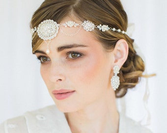 Edwardian Inspired Bridal Forehead Band  |  Handmade Lace, Pearl & Crystal Halo Head Piece | Gatsby Wedding | "Amandine"