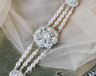 Pearl Wedding Bracelet | Multi Strand Bracelet for Brides | Lace Bracelet | Pearl Wedding Jewelry | Silver Wedding Cuff Bracelet | Venezia