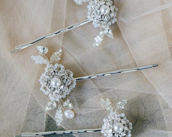 Crystal Flower Wedding Hair Pins | Pearl Wedding Hair Accessories | Lace Wedding Hair Adornment | Vintage Style Bridal Bobby Pins | Roma