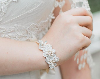 Gold Silver Bridal Cuff | Wedding Bracelet | Pearl Bracelet | Crystal Bracelet | Wedding Cuff | Wedding & Bridal Jewelry | Cream Silk Ribbon