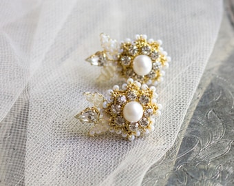 Pearl Crystal Wedding Stud Earrings | Gold Climber Earrings for Bride | Vintage Style Bridal Studs | Pearl & Crystal Wedding Jewelry