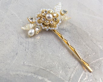 Gold Pearl Wedding Hair Pins | Floral Wedding Hair Accessories | Small Simple Bridal Bobby Pins | Vintage Style | Art Deco | Victorian