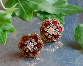 Small Red, Gold Flower Stud | Simple 14k Gold-Filled Post Earrings | Lace Jewelry | Crystal Studs | Holiday Gifts for Her | Florette Studs