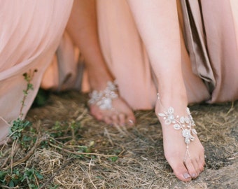Bridal Barefoot Sandals | Crystal + Pearls + Handmade Lace | Grecian, Spring, Woodland, Beach Wedding "Theia"