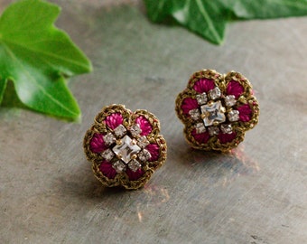 Small Pink, Gold Flower Stud | Simple 14k Gold-Filled Post Earrings | Lace Jewelry | Sparkly Crystal Studs | Party Jewelry | Florette Studs