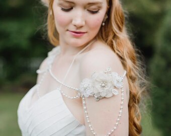 Pearl Shoulder Necklace | Bridal Shoulder Jewelry | Wedding Shoulder Chain | Flower Shoulder Necklace | Lace Shoulder Piece | "Tea Rose"