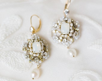 White Opal Bridal Earrings | Pearl & Crystal Art Deco, Edwardian, Vintage-Inspired Earrings | Couture Handcrafted Lace | "Aquarelle"
