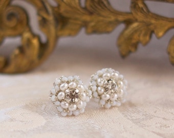 Wedding Pearl Post Earrings / Lace Bridal Jewelry / Ivory Pearls, Vintage Rhinestones /  "Matilda"