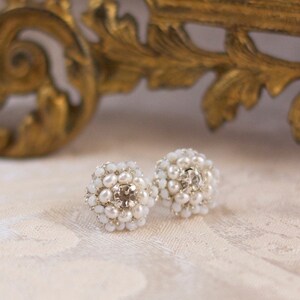 Wedding Pearl Post Earrings / Lace Bridal Jewelry / Ivory Pearls, Vintage Rhinestones / Matilda Silver