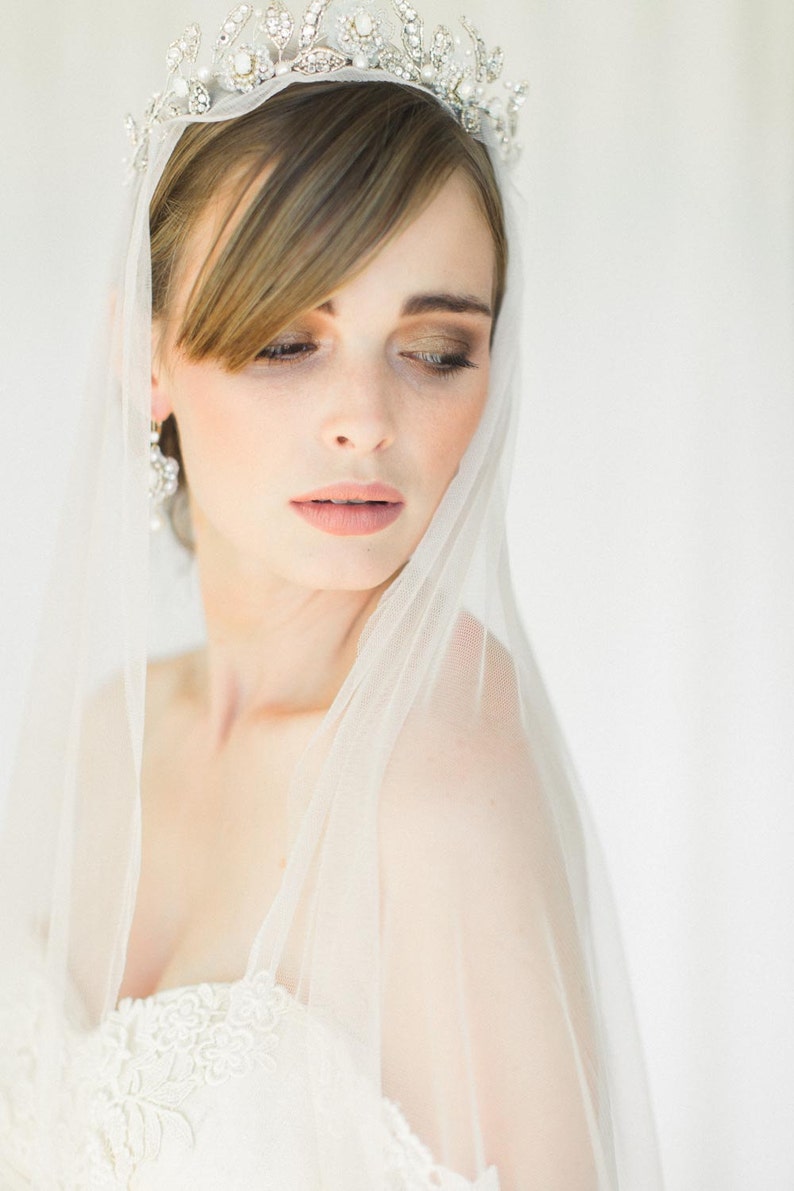 Edwardian Bridal Tiara Crown Silver Lace Couture Wedding Headpiece Something Blue Aquarelle image 2