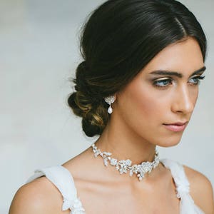 Pearl Wedding Choker Necklace Backdrop Necklace for Bride Wedding Jewelry Silver Lace Choker Necklace Bridal Jewelry Siena image 1