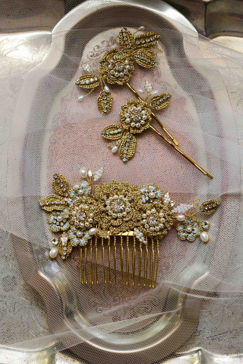 Gold Floral Wedding Comb Lace Bridal Hair Adornment Wedding Headpiece Something Blue Bridal Hair Accessory HYACINTHE image 4