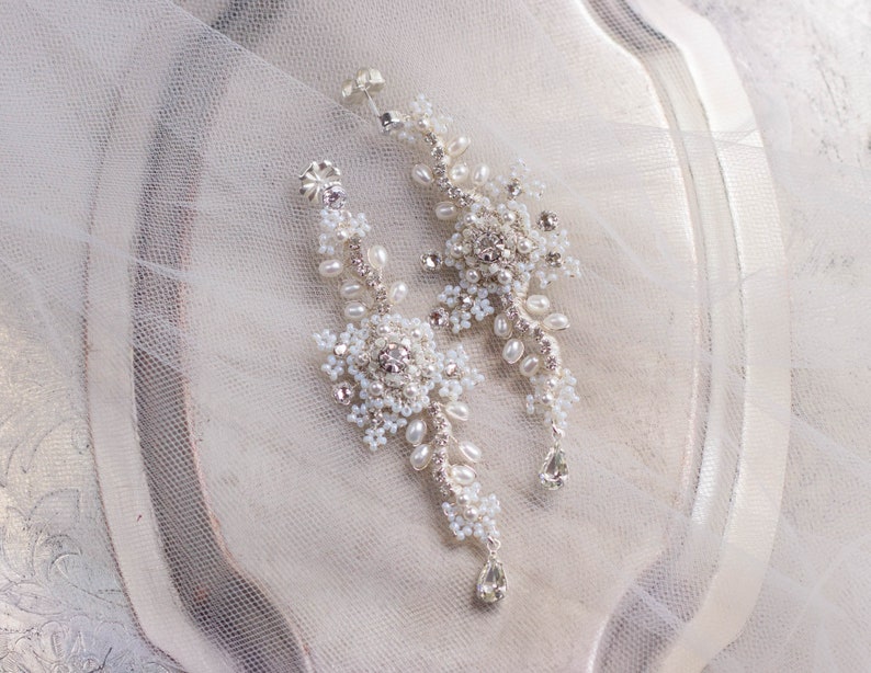 As Seen on Reign Long Statement Wedding Earrings Pearl & Crystal Bridal Dangle Drop Earrings Vintage Inspired Delphinium image 3