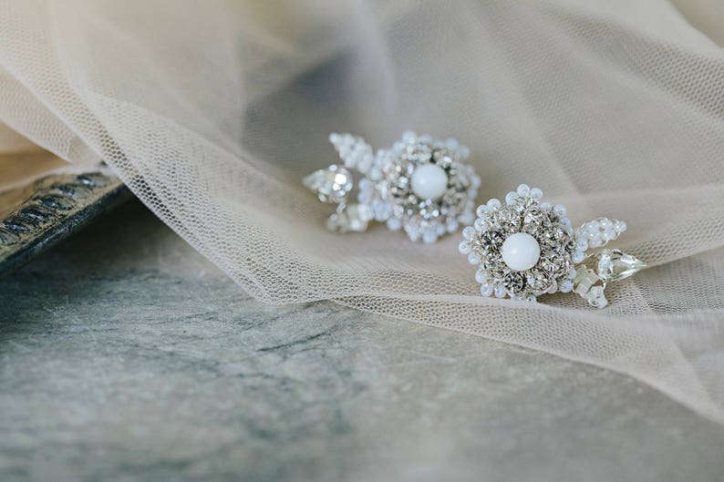 Pearl Crystal Wedding Stud Earrings Vintage Style Climber Earrings for Bride Silver Bridal Studs Pearl & Crystal Wedding Jewelry image 2
