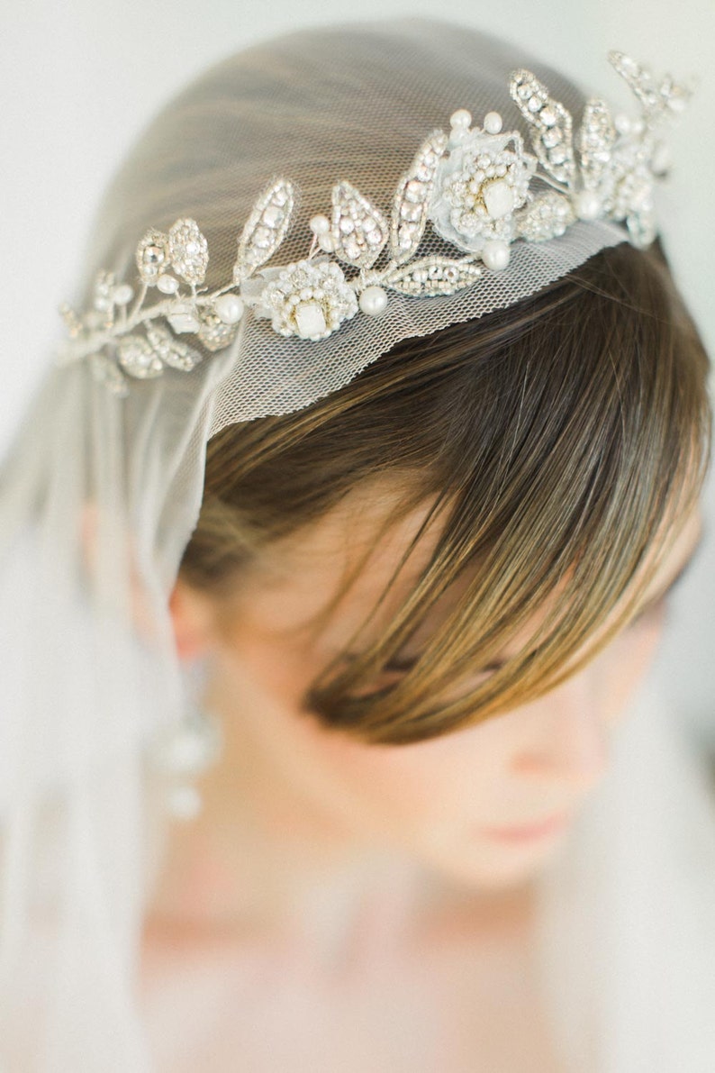 Edwardian Bridal Tiara Crown Silver Lace Couture Wedding Headpiece Something Blue Aquarelle image 3