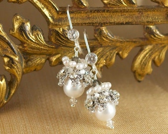 Bridal Freshwater Pearl Drop Earrings / Silver Wedding Dangle Earrings / Fall Wedding/ Handmade Lace "Elspeth"