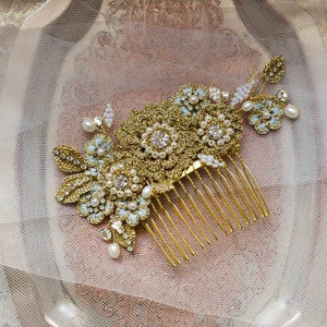 Gold Floral Wedding Comb Lace Bridal Hair Adornment Wedding Headpiece Something Blue Bridal Hair Accessory HYACINTHE image 3