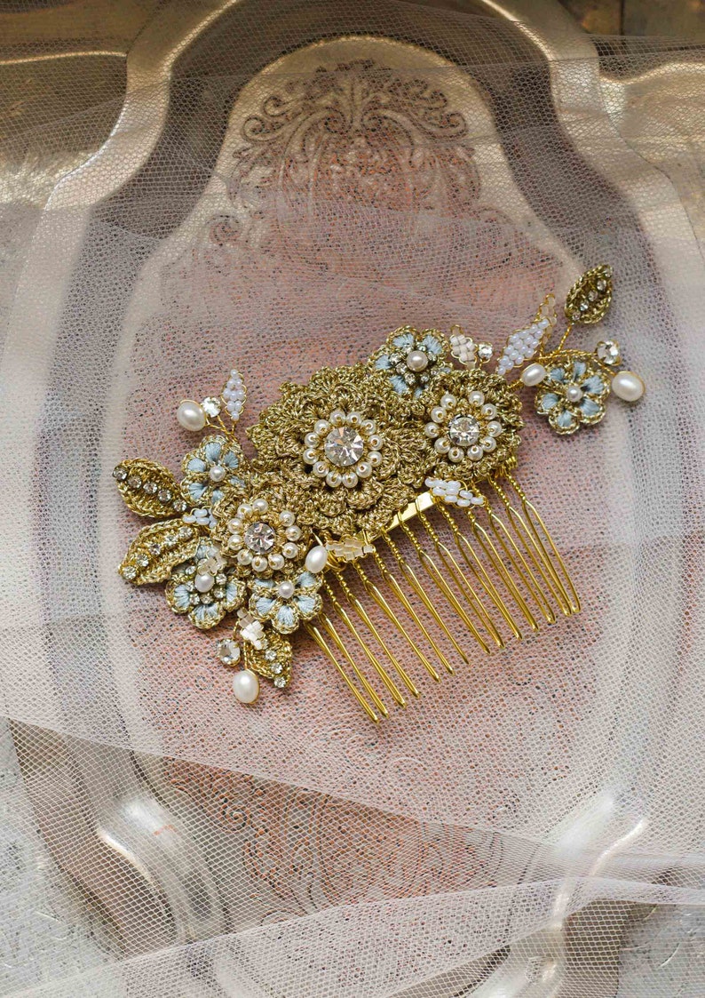 Gold Floral Wedding Comb Lace Bridal Hair Adornment Wedding Headpiece Something Blue Bridal Hair Accessory HYACINTHE image 3