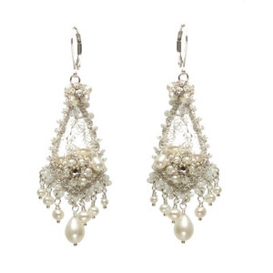 Pearl Teardrop Wedding Earrings Silver White Handmade Lace Bridal Chandeliers Woodland Spring Wedding Gossamer image 2