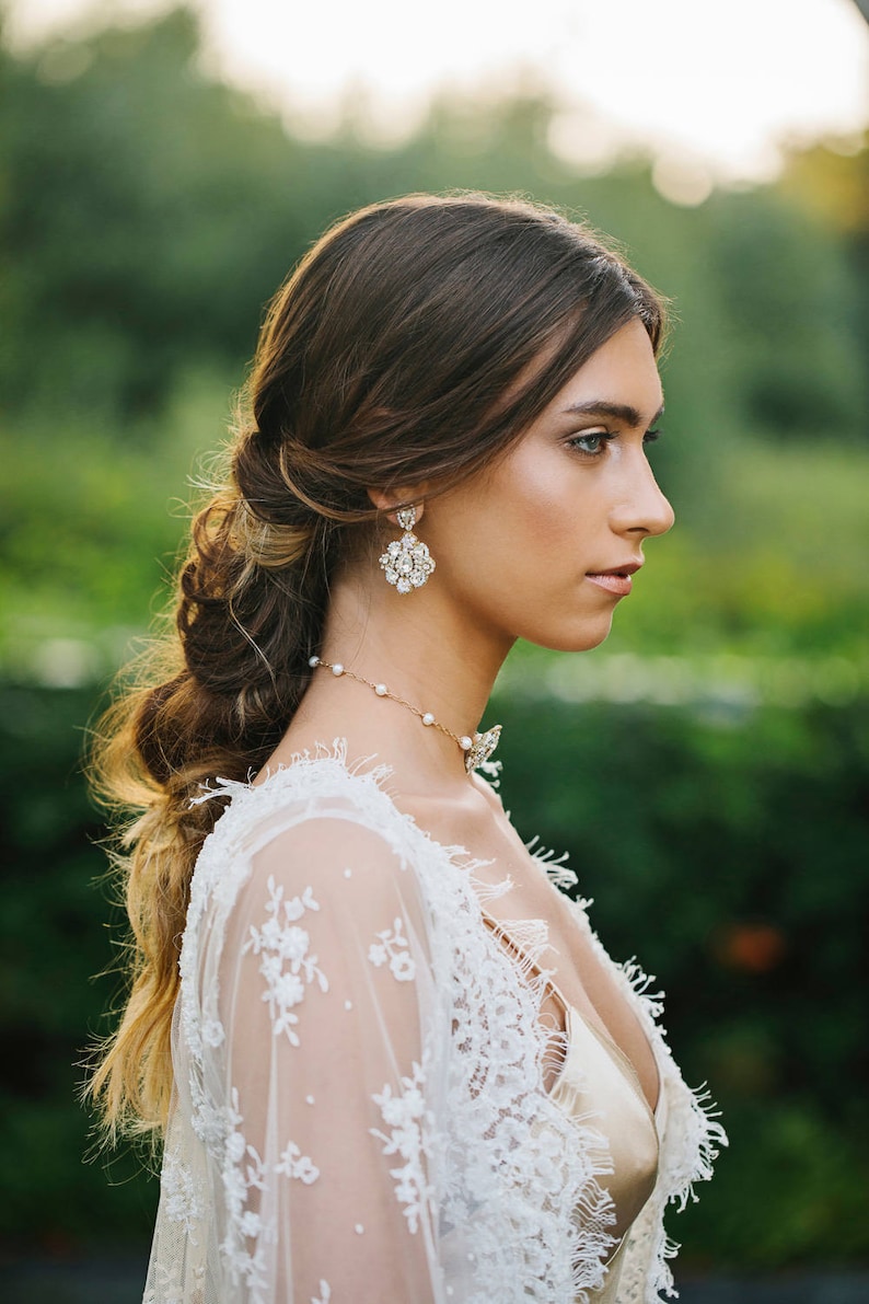 Chandelier Wedding Earrings Gold Bridal Earrings Crystal Earrings Pearl Stud Earrings Vintage Bridal Earrings Statement Earrings image 2