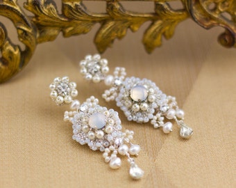 As Seen on Reign | Opal Pearl Bridal Chandelier Earrings |  | Handcrafted Lace Bridal Jewelry | Spring Summer Wedding "Flora"