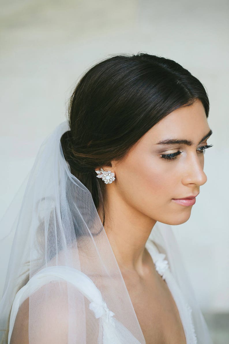 Pearl Crystal Wedding Stud Earrings Vintage Style Climber Earrings for Bride Silver Bridal Studs Pearl & Crystal Wedding Jewelry image 1