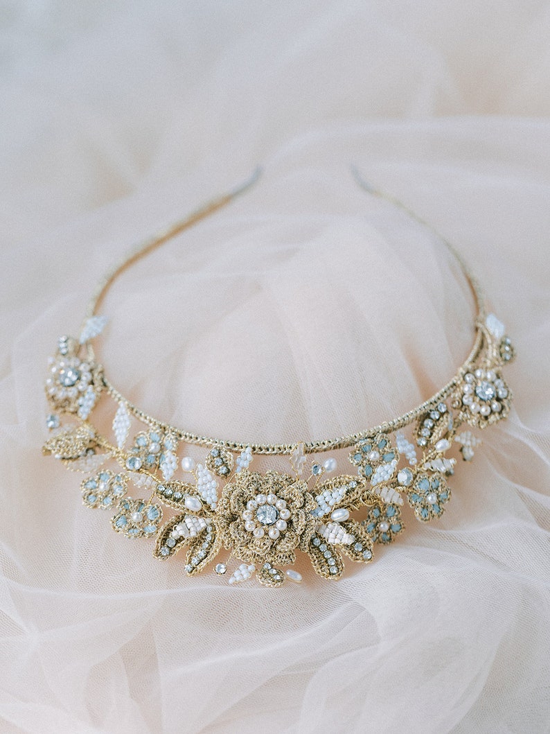 Gold Floral Wedding Tiara Bridgerton-Inspired Bridal Crown Regencycore Headpiece Something Blue Bridal Hair Accessory HYACINTHE Blue