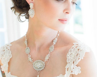 Regency-Inspired Pearl Bridal Necklace | Handmade Couture Lace Wedding Jewelry | Ribbon Ties |  " Amandine"