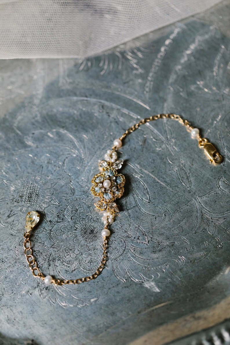 Simple Pearl Wedding Bracelet Vintage-Inspired, Floral Bridal Bracelet Something Blue Dainty Lace Bracelet for Bride HYACINTHE image 7