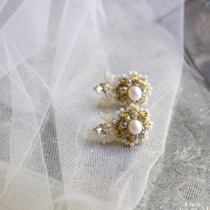 Pearl Crystal Wedding Stud Earrings Vintage Style Climber Earrings for Bride Silver Bridal Studs Pearl & Crystal Wedding Jewelry image 7
