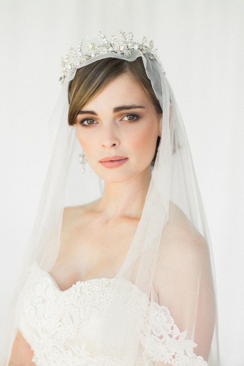 Edwardian Bridal Tiara Crown Silver Lace Couture Wedding Headpiece Something Blue Aquarelle image 1