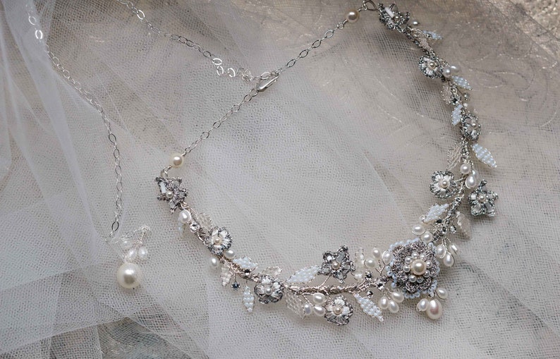 Pearl Wedding Choker Necklace Backdrop Necklace for Bride Wedding Jewelry Silver Lace Choker Necklace Bridal Jewelry Siena Antique Silver