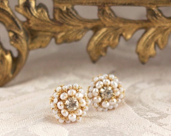 Gold Lace Pearl Studs / Freshwater Pearl Bridal Earrings / Ivory Pearls Vintage Rhinestones /  "Matilda"