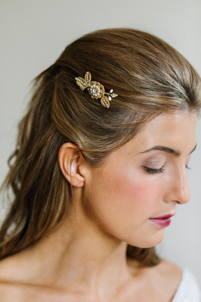 Pearl, Crystal Wedding Flower Hair Pins Gold Lace Floral Bridal Hair Pins Vintage Style Rose, Leaf Wedding Headpiece TRIANON Small Hair PIn