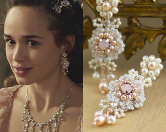 As Seen on Reign | Small Pink Pearl Bridal Chandelier Earrings | Blush Crystal Wedding Posts | Spring Summer Wedding "Flora"