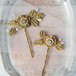 Pearl, Crystal Wedding Flower Hair Pins Gold Lace Floral Bridal Hair Pins Vintage Style Rose, Leaf Wedding Headpiece TRIANON image 1