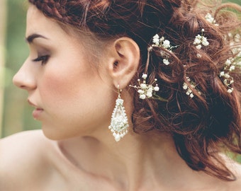 Pearl Teardrop Wedding Earrings| Silver + White Handmade Lace Bridal Chandeliers  | Woodland Spring Wedding "Gossamer"