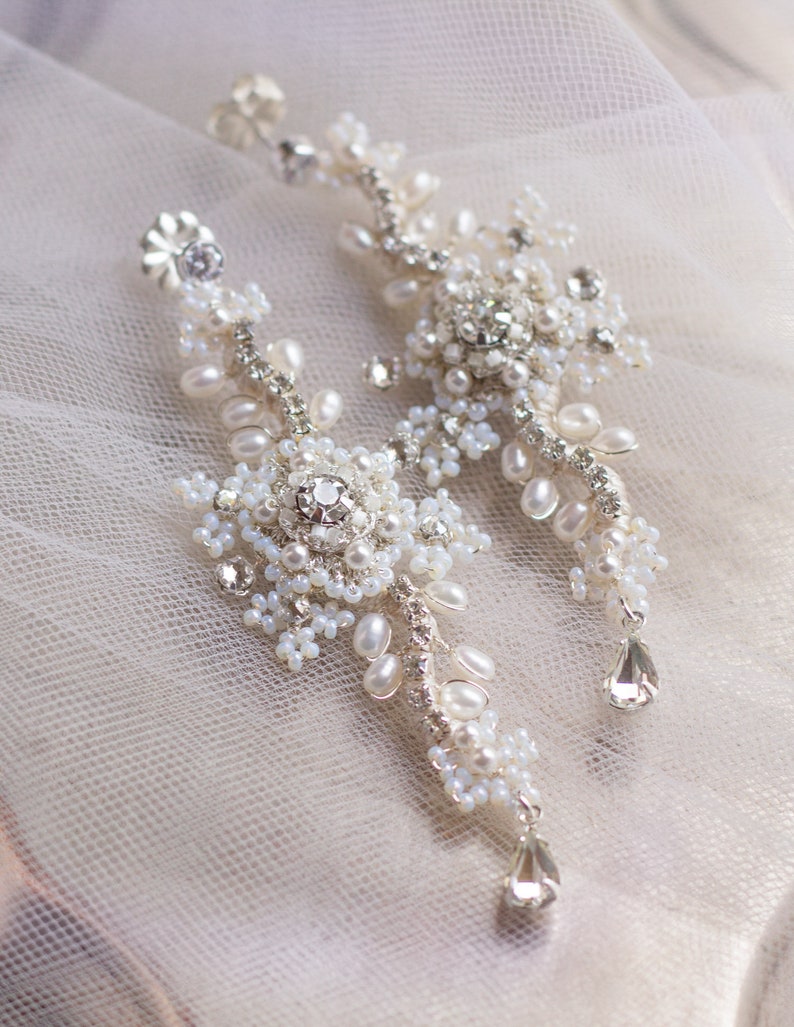 As Seen on Reign Long Statement Wedding Earrings Pearl & Crystal Bridal Dangle Drop Earrings Vintage Inspired Delphinium White/Ivory