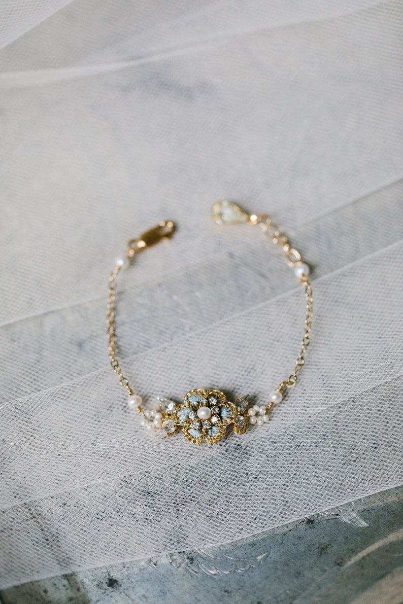 Simple Pearl Wedding Bracelet Vintage-Inspired, Floral Bridal Bracelet Something Blue Dainty Lace Bracelet for Bride HYACINTHE image 1